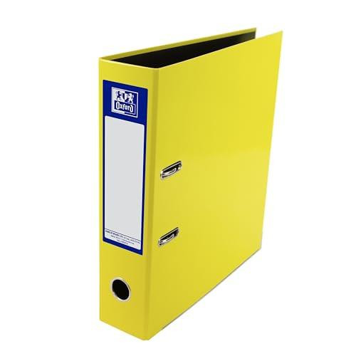 Oxford Premium A4 Lever Arch File, Yellow Single Folder, Heavy Duty, upright view showing the blue label and metal rings.
