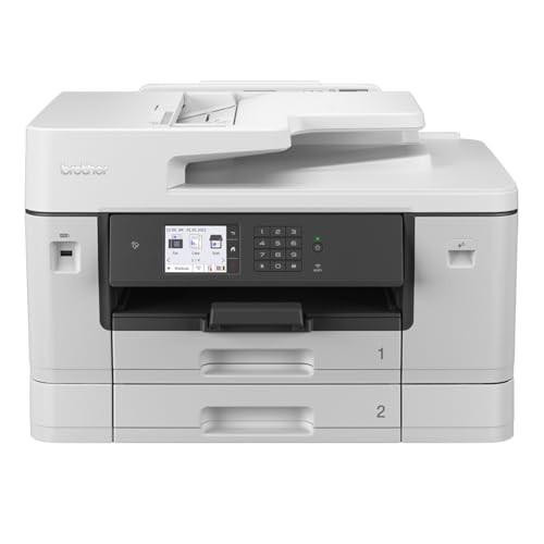 Brother MFC-J5740DW Wireless Colour Inkjet Printer, A4 4-in-1 multifunction printer with print, copy, scan, and fax capabilities, featuring Wi-Fi, USB, NFC connectivity, A3 printing, 8.8cm LCD screen, and UK plug.