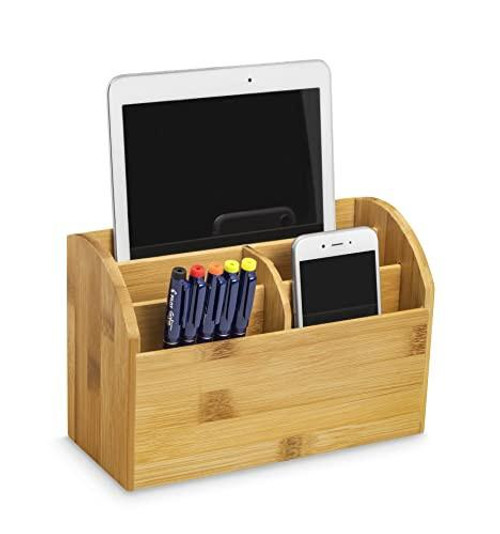 CEP Bamboo Multipot 24002, wooden multipurpose desk organizer holding tablets, smartphones, and pens.