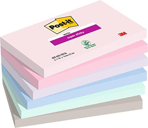 Post-it Super Sticky Notes Soulful Color Collection, Pack of 6 Pads, 90 Sheets per Pad, 76 mm x 127 mm, Pink, Purple, Green, Grey, Blue - Extra Sticky Notes for Note Taking, To Do Lists & Reminders, stacked colorful pads with Post-it branding.