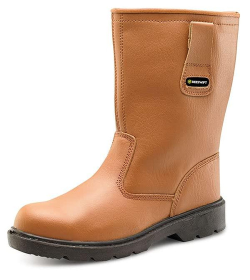 BEESWIFT S3 THINSULATE RIGGER BOOT TAN 10.5, tan waterproof work boot with insulated lining and slip-resistant black sole.