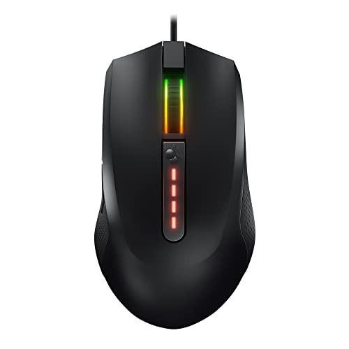 CHERRY MC 2.1, Wired Gaming Mouse for Right-Handers, with 5,000 dpi Pixart Sensor, Programmable Keys, RGB Lighting, Onboard Memory, Black color, shown from a top view highlighting its illuminated scroll wheel and side buttons.
