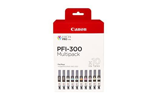 Canon PFI-MBK/PBK/CO/GY/R/C/M/Y/PC/PM 10 Ink Cartridge Multipack, image of a red and white box containing 10 ink tanks in grey, yellow, cyan, magenta, red, matte black, photo black, photo cyan, photo magenta, and chroma optimiser, designed for the imagePROGRAF PRO-300 printer.