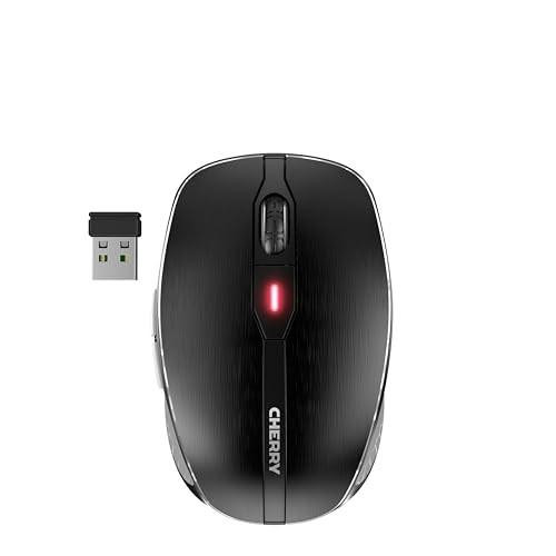 CHERRY MW 8C ADVANCED Wireless Mouse, black color, with USB receiver, featuring adjustable resolution up to 3000 DPI, rechargeable battery, and Bluetooth or 2.4 GHz RF wireless connectivity.