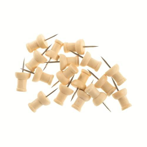 Bi-Office Earth Wooden Pins for Cork Board or Felt Board - Pack of 20, image of multiple beige wooden push pins with metal points scattered on a white background
