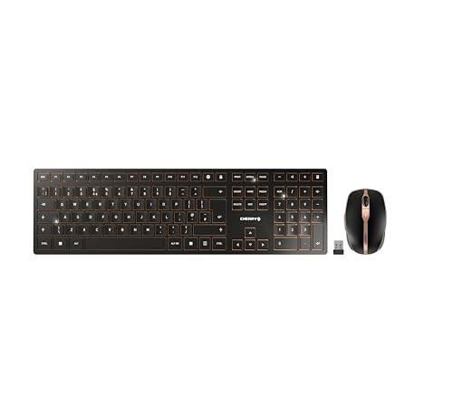 CHERRY DW 9100 SLIM Wireless Desktop Set, UK QWERTY keyboard and wireless mouse in bronze and black colors, with Bluetooth and 2.4 GHz RF connectivity, quiet keys, and rechargeable battery.