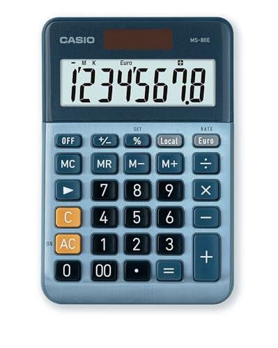 Casio Desktop Calculator MS-80E 8-Digit Currency Conversion Aluminium Front Quick Correction Button Solar/Battery Operated, showing large digital display and multiple function keys.