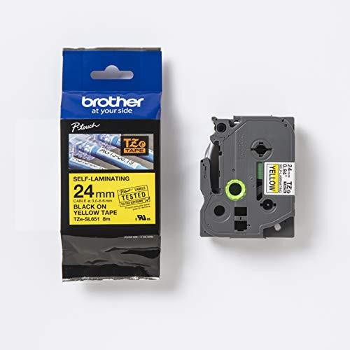 Original Brother TZe-SL651 Self Laminating Tape Black on Yellow, 24mm Wide, 8m Long, showing the tape package and tape cartridge.