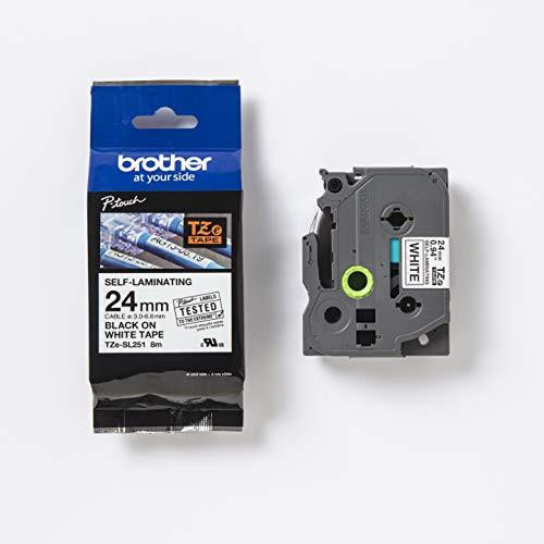 Brother Genuine Brother TZe-SL251 Self Laminating Tape Black on White - 24mm Wide 8m Long, packaged and installed tape cartridge with packaging box.