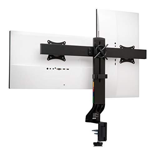 Kensington Monitor Arm with Vesa Mount - Space-Saving Small Monitor Arm for Two Screens with Height Adjustable Settings, Dual Monitor Arm for Home Office, Black (K55513WW), side view showing adjustable arm holding two monitors in a workspace setup.