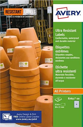Avery B7651-20 Ultra Resistant Labels, White, A4 sheets with 38.1 x 21.3 mm labels, featuring images of stacks of orange traffic cones in the background.