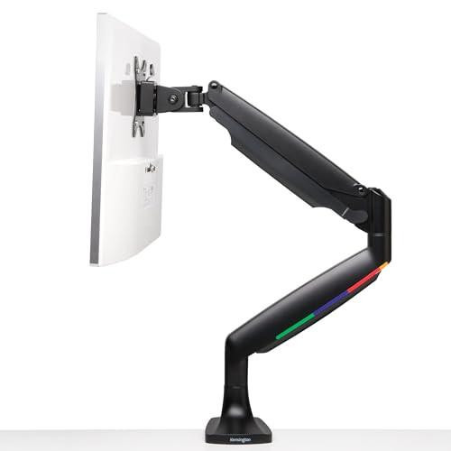 Kensington Monitor Arm with Vesa Mount - Monitor Arm for One Screen with One-Touch Height Adjustable Settings, Single Monitor Arm for Home Office, Monitor Mount with Gas Spring, Black shown with a monitor attached and adjustable arm in black color.