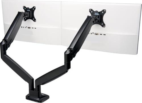 Kensington Monitor Arm with Vesa Mount - Monitor Arm for Two Screens with One-Touch Height Adjustable Settings, Dual Monitor Arm for Home Office, Monitor Mount with Gas Spring, Black (K59601WW), showing a black adjustable monitor arm holding two monitors with VESA mounts against a white background.