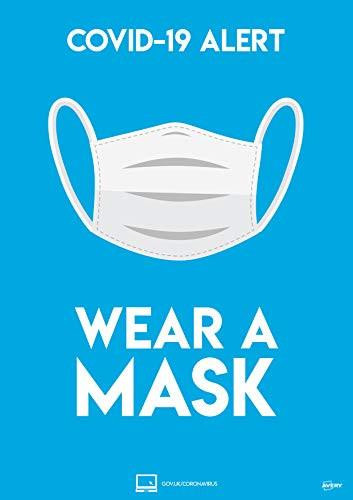 Avery Wear a Face Mask A4 Label Sign 297mm x 210mm, 2 Printable, Customisable Posters per Pack, featuring a blue background with face mask graphic and COVID-19 alert message.