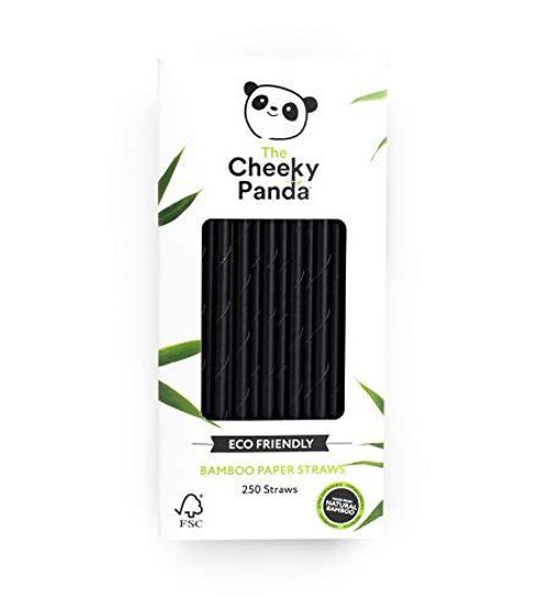 The Cheeky Panda Bamboo Paper Straws, 250 black coloured paper drinking straws in eco-friendly packaging with panda logo and bamboo design.