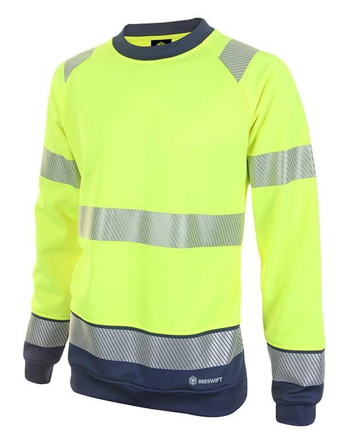 Be Seen Two Tone High Visibility Sweatshirt Hi Viz Colour=Yellow/Navy Size=4XL, front view of a bright yellow and navy high visibility sweatshirt with reflective stripes for safety and visibility in low-light conditions.