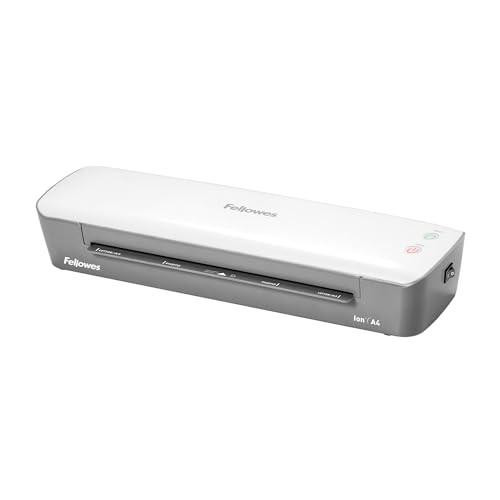 Fellowes Ion A4 Laminator Machine for Office Home School Use, white color, compact design with control buttons and auto shut off feature.