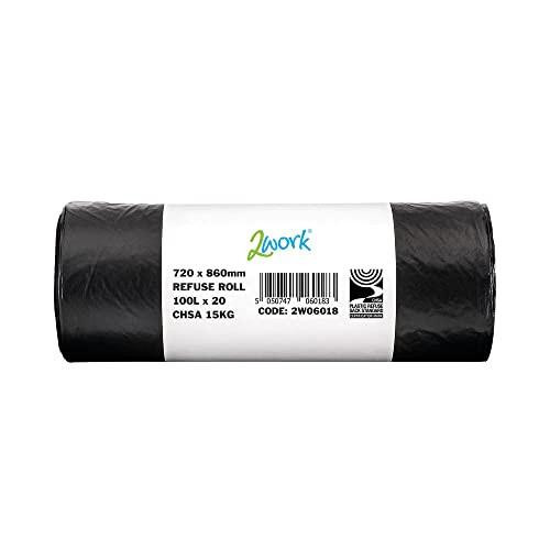 2WORK Refuse Sack ROLL Black PK10X20, roll of black refuse sacks with product label.