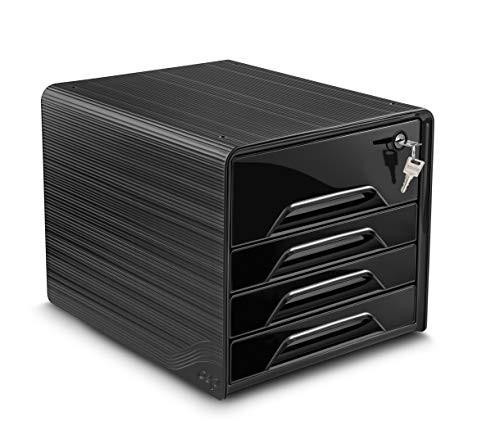 CEP Smoove Secure Filing Module, 4 Drawers, Black, a compact and secure office filing cabinet with four drawers and a lock for document storage.