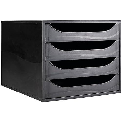 Contour Ergonomics 4 Drawer Set Black, a black plastic storage unit with four curved drawers for organizing office or home essentials.