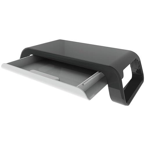 Contour Ergonomics Monitor Stand with Drawer Black, ergonomic black monitor stand with a pull-out drawer for storage.