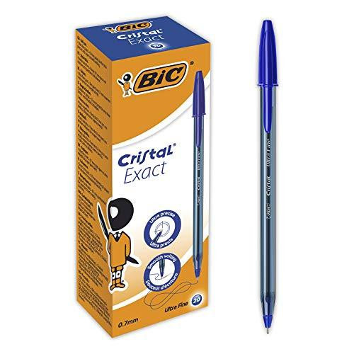 Bic Crystal Exact Fine Point Pens (0.7 mm) - Blue, Box of 20, showing a box of blue pens alongside a single pen to highlight the product's fine point and vibrant blue ink.
