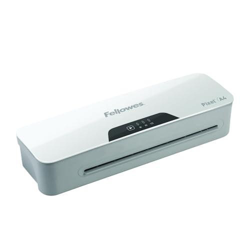 Fellowes Pixel A4 Laminator Machine for Home Office Use, white compact laminator with 3-minute warm-up, anti-jam technology, suitable for 80-125 micron lamination, includes 10 A4 laminating pouches starter pack.