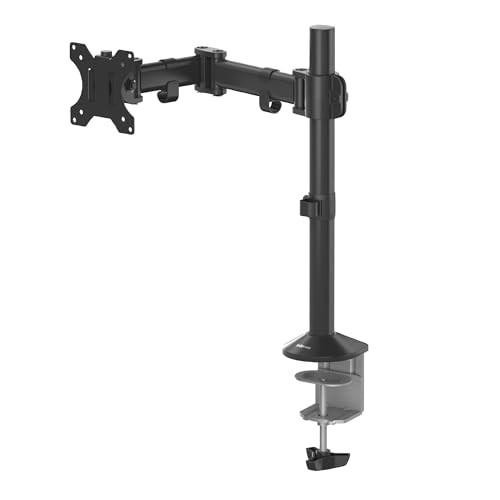 Fellowes Single Monitor Arm - Reflex Monitor Mount for 8KG 32 inch Screens - Ergonomic Adjustable Monitor Arm Desk Mount with Tilt 45, Swivel 180, Rotation 360, VESA 75 x 75/100 x 100 - Black, shown clamped to a desk with an adjustable arm supporting a monitor.
