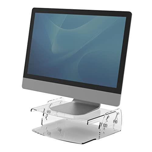 Fellowes Clarity Adjustable Monitor Stand, clear acrylic monitor riser with adjustable height for ergonomic workspace and device organization.