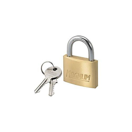 Master Lock Magnum Padlock 30mm Solid Brass with Keys, a heavy-duty solid brass padlock with a metal shackle and two keys included.