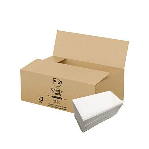 The Cheeky Panda Bamboo V Fold Paper Towels, a large brown box containing 3,200 sheets of 2-ply paper hand towels for dispensers, with a stack of white paper towels in front.