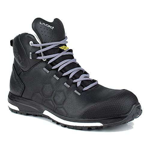 Lavoro 1004.00 TT Range Kenobi Men Metal Free Boot, ESD, CE, S3, HRO, SRC, Black, 5 Size, black safety boot with gray laces and protective toe cap.