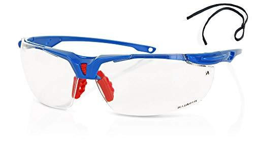 CLEAR SPORTS STYLE SAFETY SPECTACLE, modern sports safety glasses with clear lens, blue frame, and adjustable black strap for eye protection during sports activities.