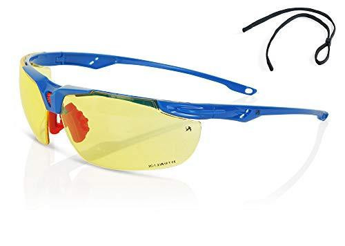 YELLOW SPORTS STYLE SAFETY SPECTACLE, image showing yellow-tinted sports safety glasses with a blue frame and a separate black adjustable strap.