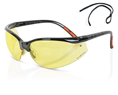 YELLOW HIGH PERFORMANCE LENS SAFETY SPECTACLE, safety glasses with yellow tinted lenses and adjustable black strap for eye protection during hazardous work.