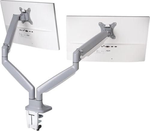 Kensington Monitor Arm with Vesa Mount - Monitor Arm for Two Screens with One-Touch Height Adjustable Settings, Dual Monitor Arm for Home Office, Monitor Mount with Gas Spring, Grey (K55471EU), showing a grey dual monitor arm holding two screens with adjustable arms for ergonomic positioning.
