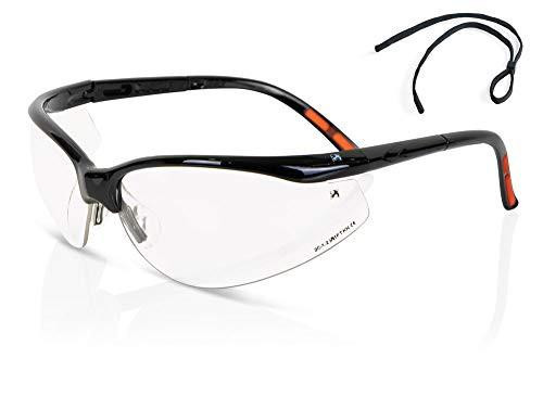 ZZ CLEAR SAFETY SPECTACLE, transparent safety glasses with black frame and orange accents, featuring an ergonomic design for eye protection.