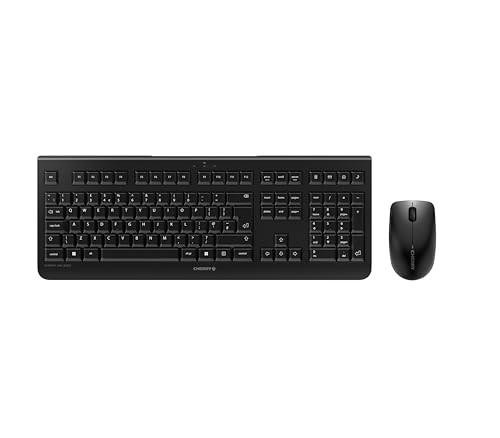CHERRY DW 3000 Wireless Desktop Set, UK QWERTY Keyboard and Symmetrical Mouse in black with flat design, low-noise keys, and 2.4 GHz RF connectivity.