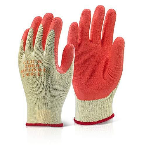 MULTI PURPOSE ORANGE LATEX P/C GLOVE SMALL (EACH), close-up of a pair of small latex gloves with orange fingertips and beige palms, suitable for various tasks.