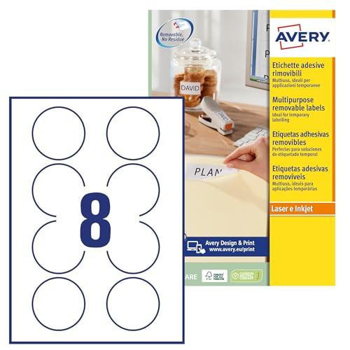 Avery L4852REV Printable, Customisable Removable Round Labels, All Printers, 8 Labels Per A4 Sheet, 200 Labels, White, showing a sheet of round labels with an 8 in the center and packaging description.