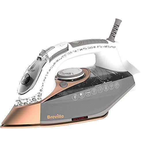 Breville DiamondXpress Steam Iron, a white and rose gold electric steam iron with a diamond ceramic soleplate, 400 ml water tank, and multi-directional design for smooth ironing.