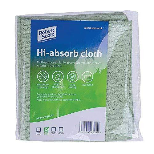 ROBERT SCOTT HI-Absorb Microfibre Cloth, 38cm x 35cm, Green, Pack of 5, highly absorbent multi-purpose microfiber cleaning cloths with long-lasting and washable features.