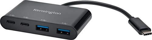 Kensington USB-C 4-Port Hub, compact black USB adaptor with four ports including two USB-C and two USB 3.0 ports, suitable for Dell, Windows, MacBook devices.