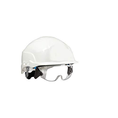 Centurion S20WR Spectrum Safety Helmet, Non-Vented Wheel Ratchet, White, industrial safety helmet with adjustable strap and clear safety goggles.