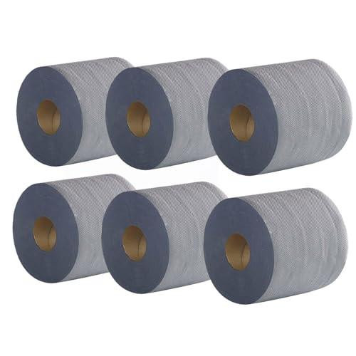 2Work Centrefeed Roll 2-Ply 100M Blue, six rolls of blue 2-ply industrial cleaning and wiping paper rolls displayed.