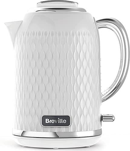 Breville Curve Electric Kettle, 1.7 Litre, white and chrome with textured patterned exterior and ergonomic handle.