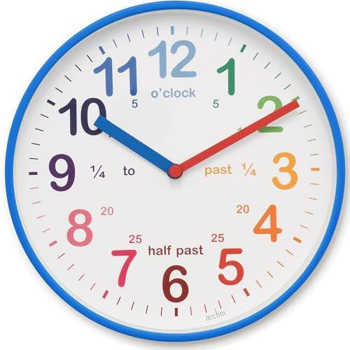 Acctim Wickford Kids Teaching Wall Clock Quartz Rainbow Dial Quarter Markers Blue 20cm 22529, colorful educational kids' wall clock with rainbow-colored numeral dial and quarter markers for teaching time.