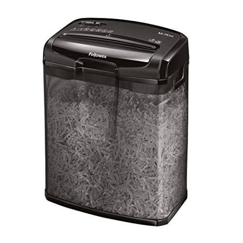 Fellowes Powershred M-7CM Personal 7 Sheet Cross Cut Paper Shredder for Home Use, Black, matte black shredder with a transparent window on the front for viewing shredded paper level.