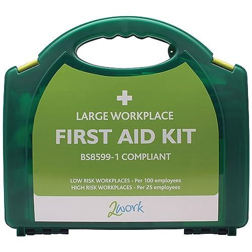 2Work BSI Compliant First Aid Kit Large 2W99439, green and transparent plastic first aid kit with handle and first aid symbols, suitable for workplace emergencies.
