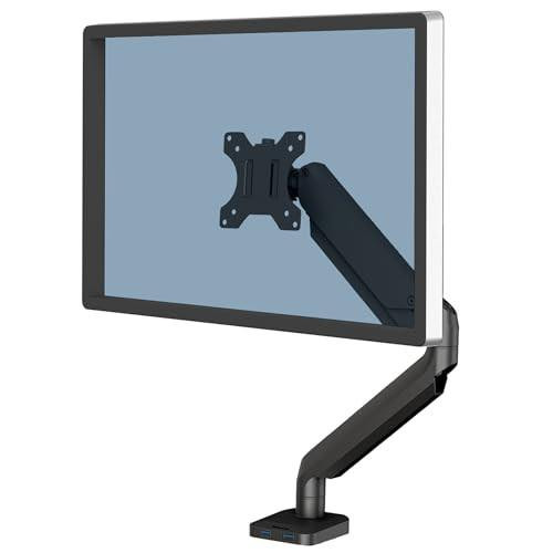 Fellowes Platinum Series Single Monitor Arm 8043301, adjustable monitor mount with a black finish and ergonomic arm for flexible monitor positioning.